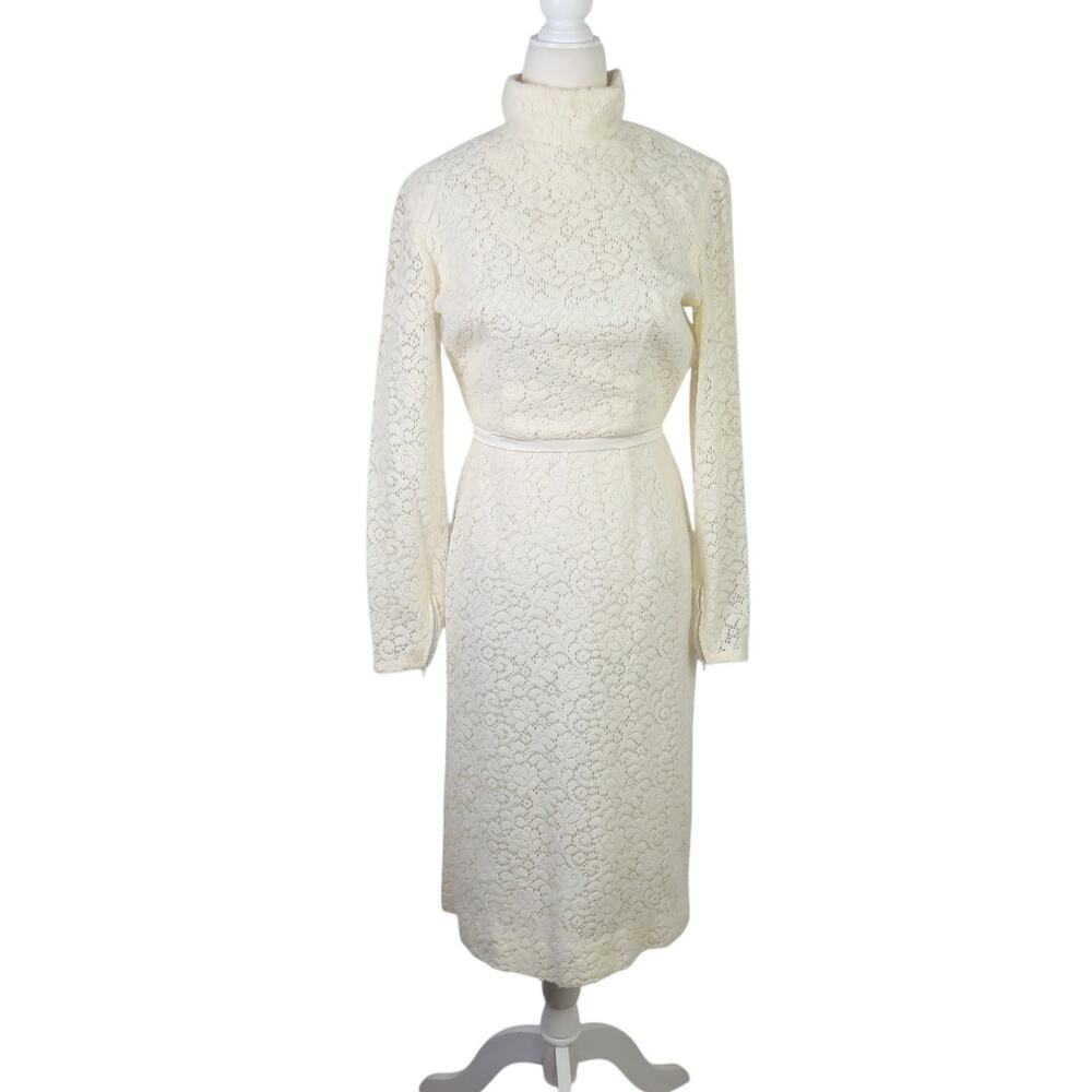 Vintage 70s Sears Cream Lace Knit High Neck Midi Sheath Dress XXS